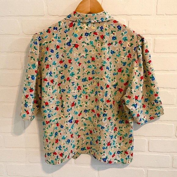 Vintage Button Down shirt Floral Cream Kelly green Red Blue Retro Coquette M - Picture 7 of 7